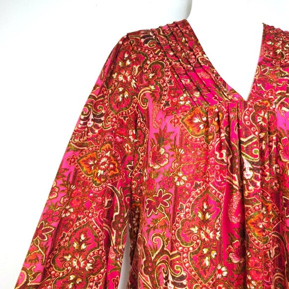 Julia Jordan Red Pink Floral Paisley Pleated V Neck Boho Tiered Flowy Maxi Dress - Picture 5 of 14